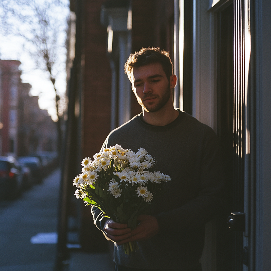 Ein Mann hält Blumen vor einer Wohnungstür | Quelle: Midjourney