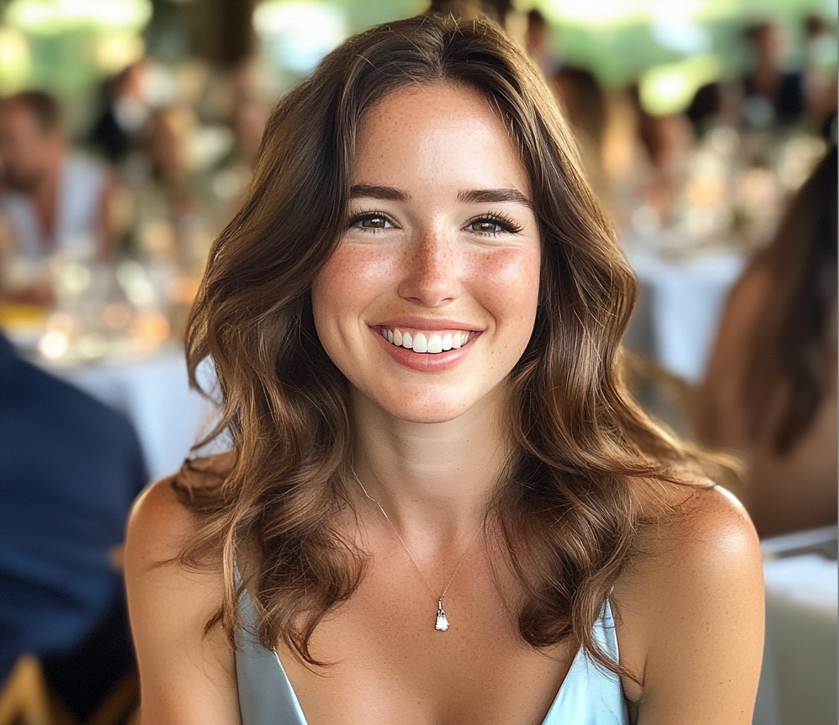 Eine lächelnde Frau, die auf einer Hochzeit sitzt | Quelle: Midjourney