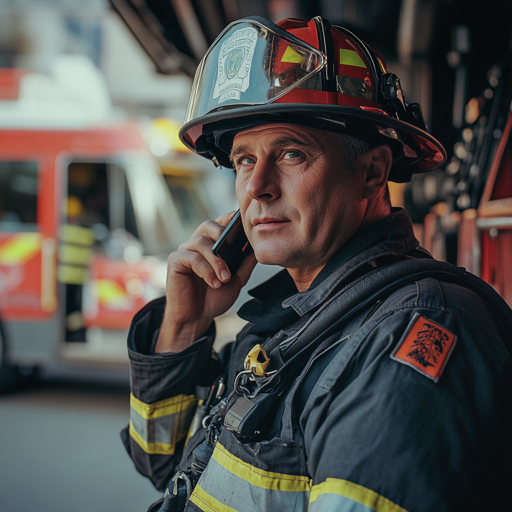 Ein Feuerwehrmann, der mit seinem Telefon spricht | Quelle: Midjourney