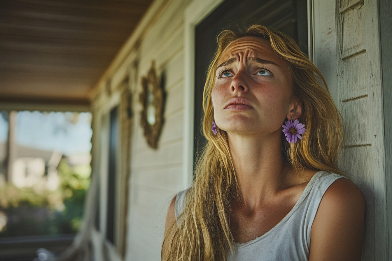 Eine besorgte Frau steht auf der Veranda eines Hauses | Quelle: Midjourney