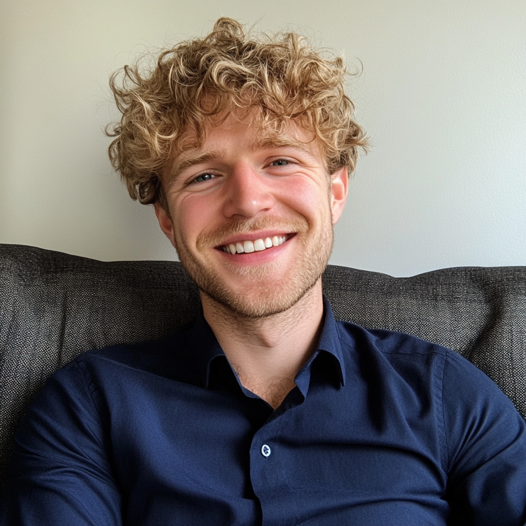 Ein lächelnder Mann, der auf einer Couch sitzt | Quelle: Midjourney