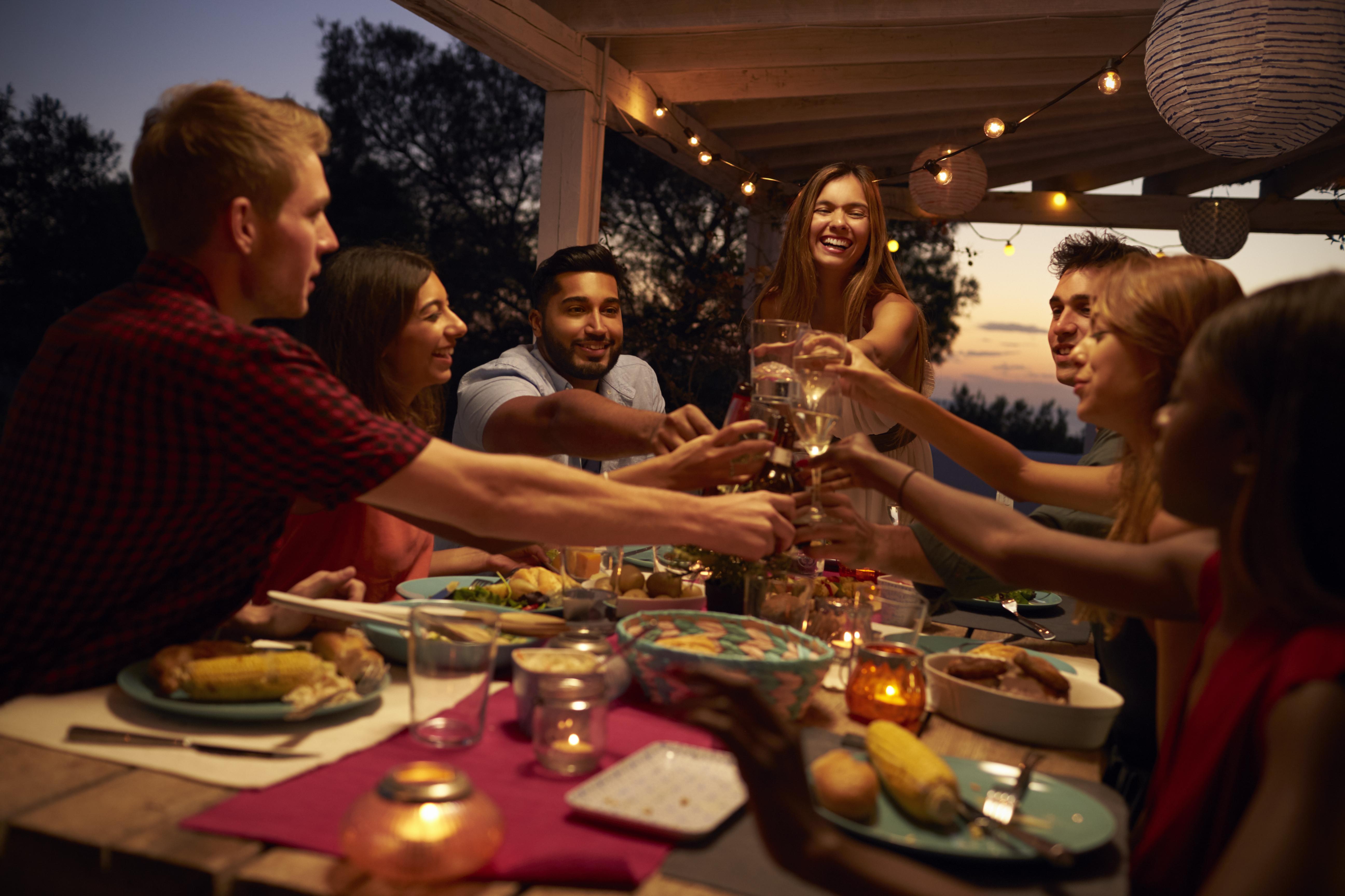 Eine Gruppe von Freunden und Familienmitgliedern erhebt ihre Gläser, um auf einer Party anzustoßen | Quelle: Shutterstock