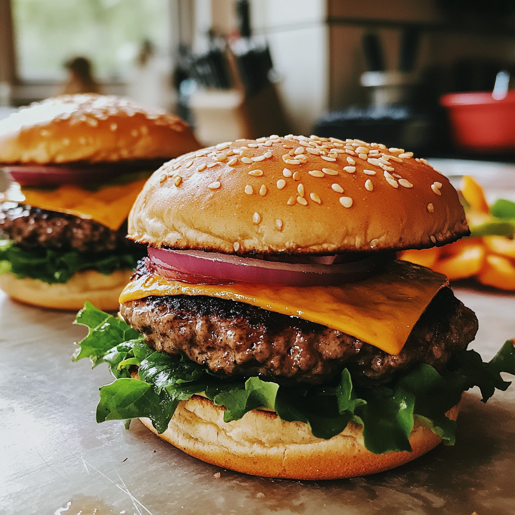 Eine Nahaufnahme von Burgern auf einem Holzbrett | Quelle: Midjourney
