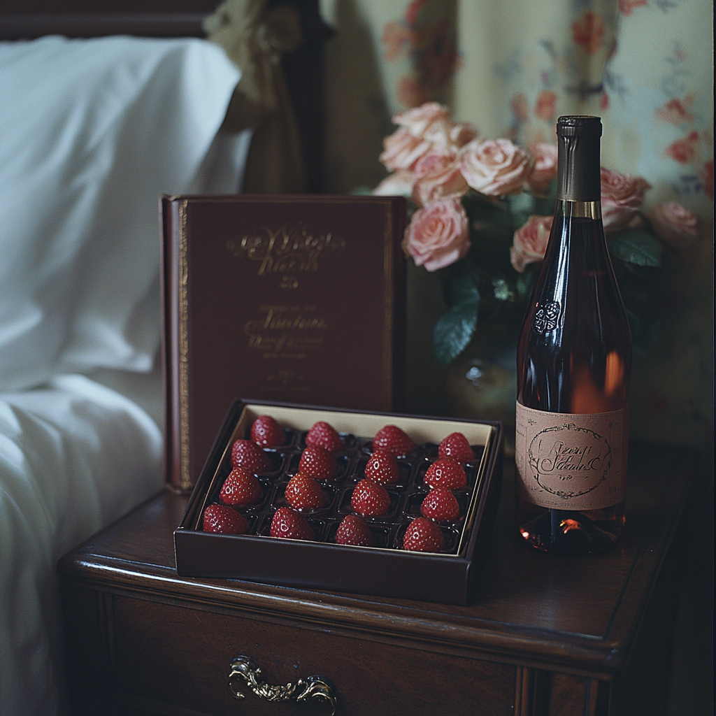 Eine Bibel, eine Schachtel Erdbeeren und eine Flasche Wein auf einem Beistelltisch im Schlafzimmer | Quelle: Midjourney