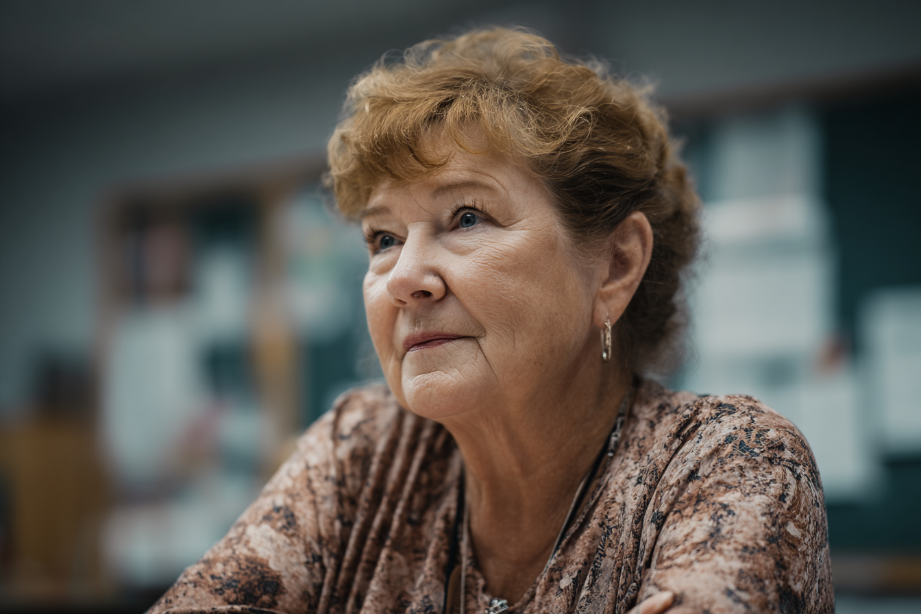 Eine Frau, die in einer Schule sitzt | Quelle: Midjourney