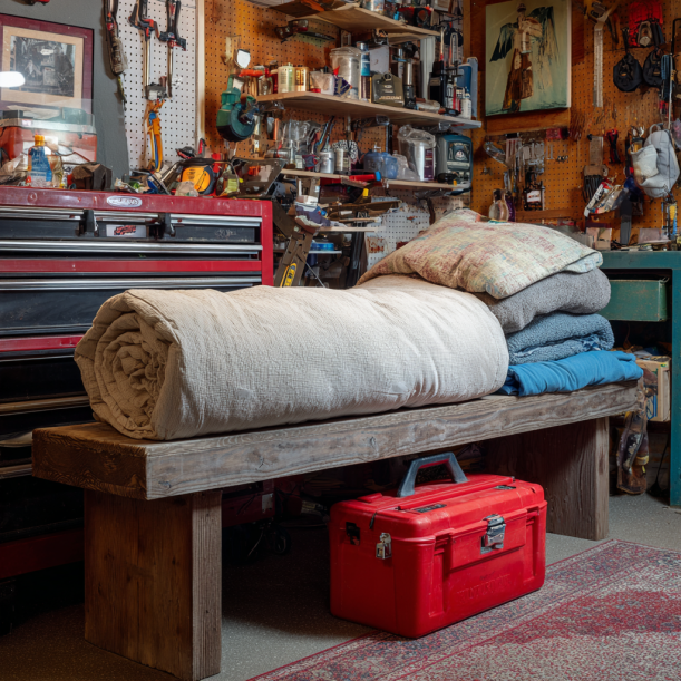 Eine Decke, ein Kissen, ein roter Werkzeugkasten und eine Bank in einer Garage | Quelle: Midjourney