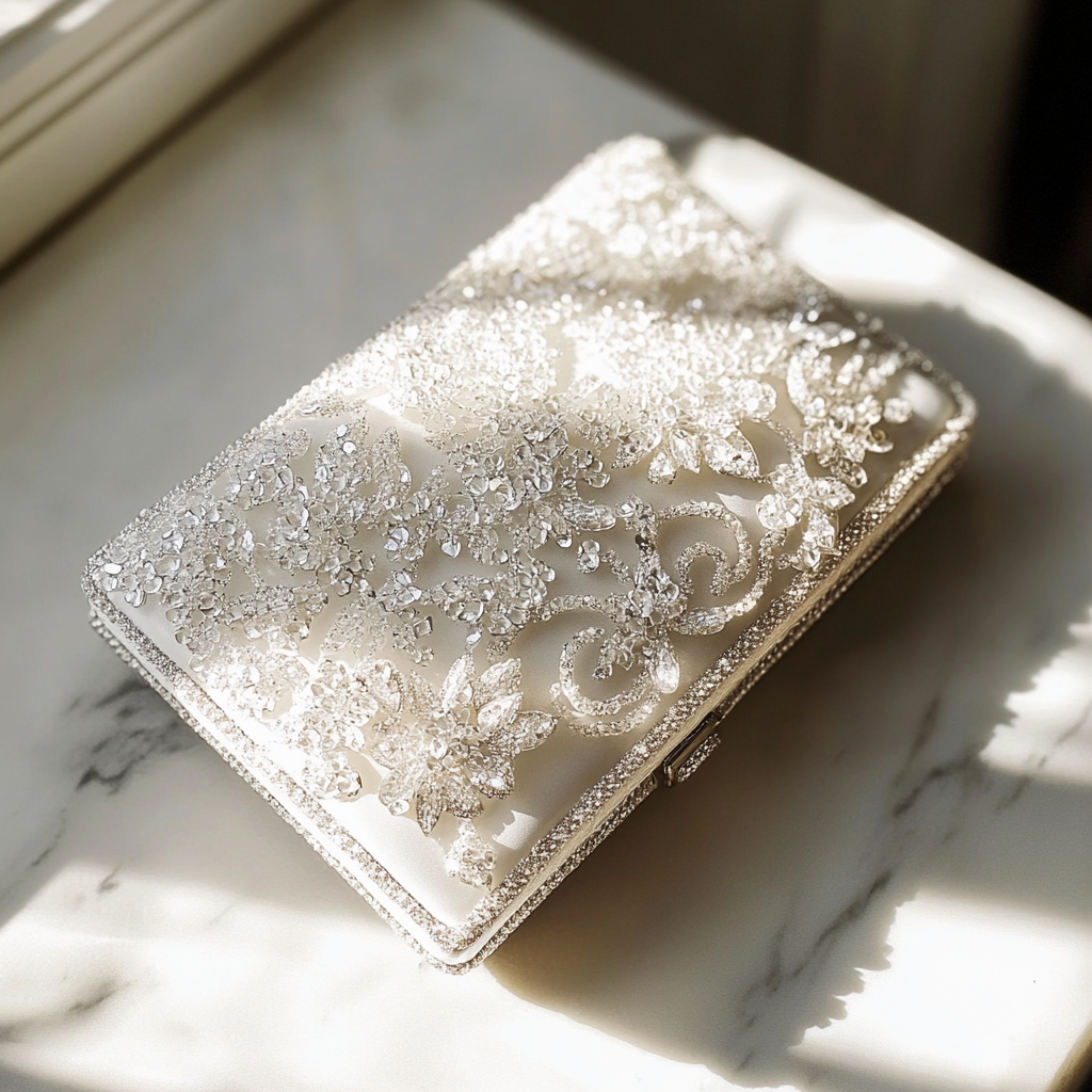 Eine weiße Clutch auf einem Tisch | Quelle: Midjourney