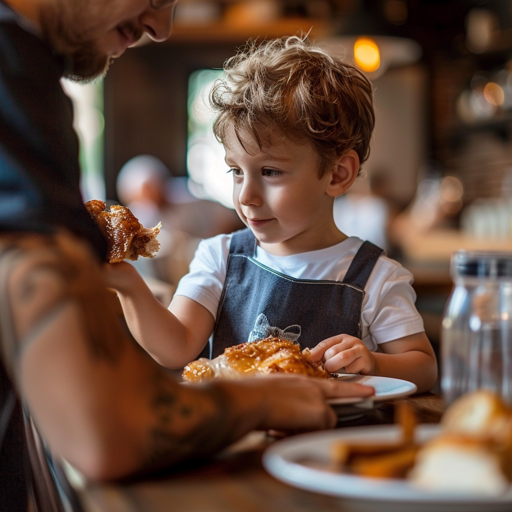 Junge nimmt Huhn vom Teller eines Mannes | Quelle: Midjourney