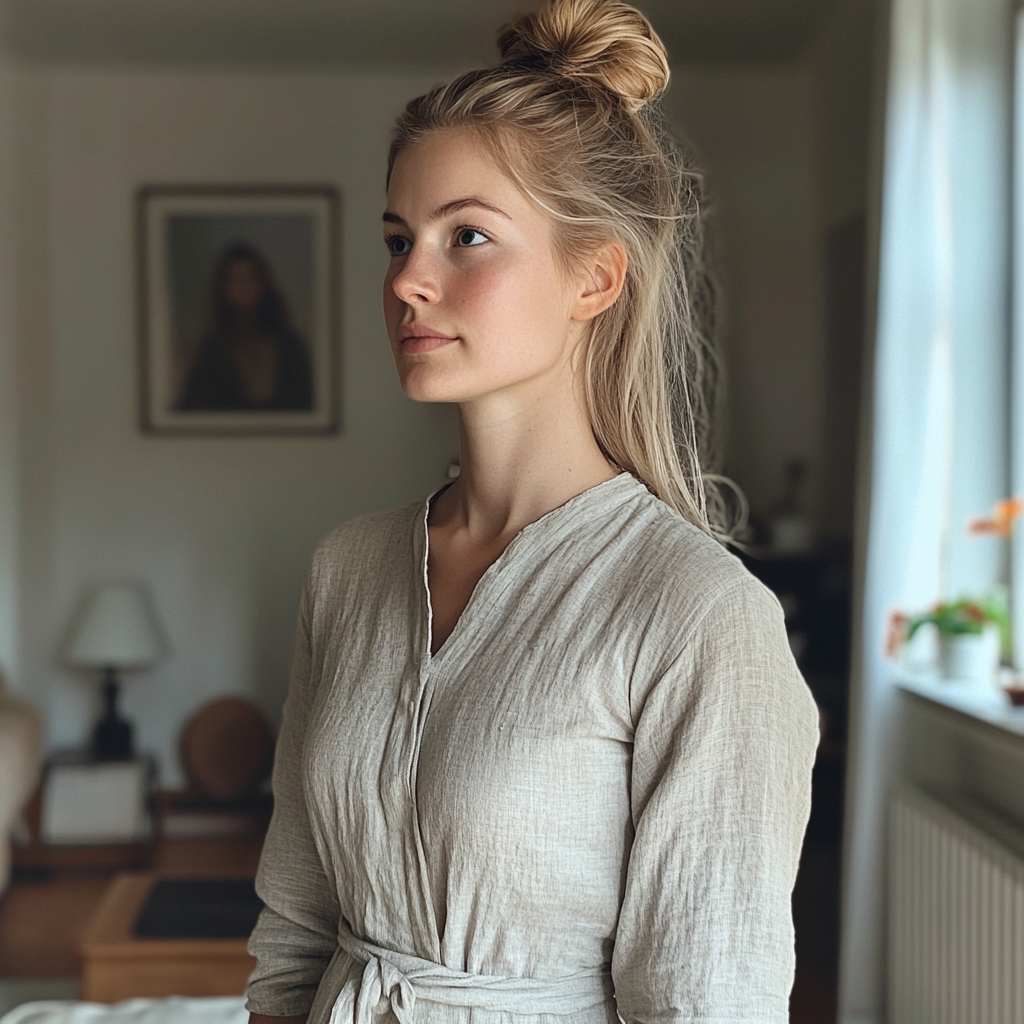 Eine junge Frau steht in einem Wohnzimmer | Quelle: Midjourney