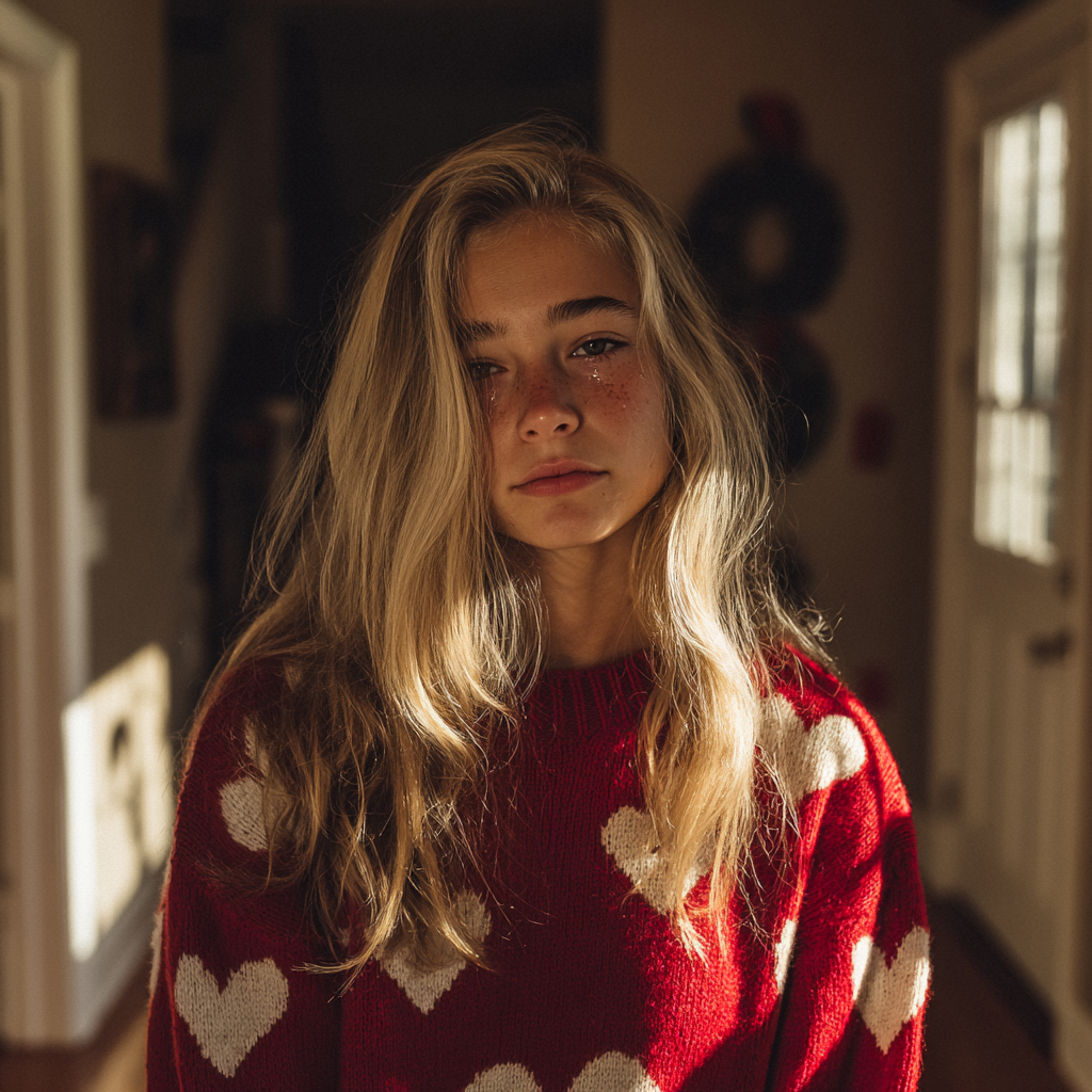 Ein emotionales Mädchen, das einen roten Pullover trägt | Quelle: Midjourney