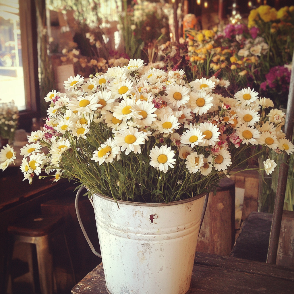 Ein Eimer mit Gänseblümchen in einem Blumenladen | Quelle: Midjourney