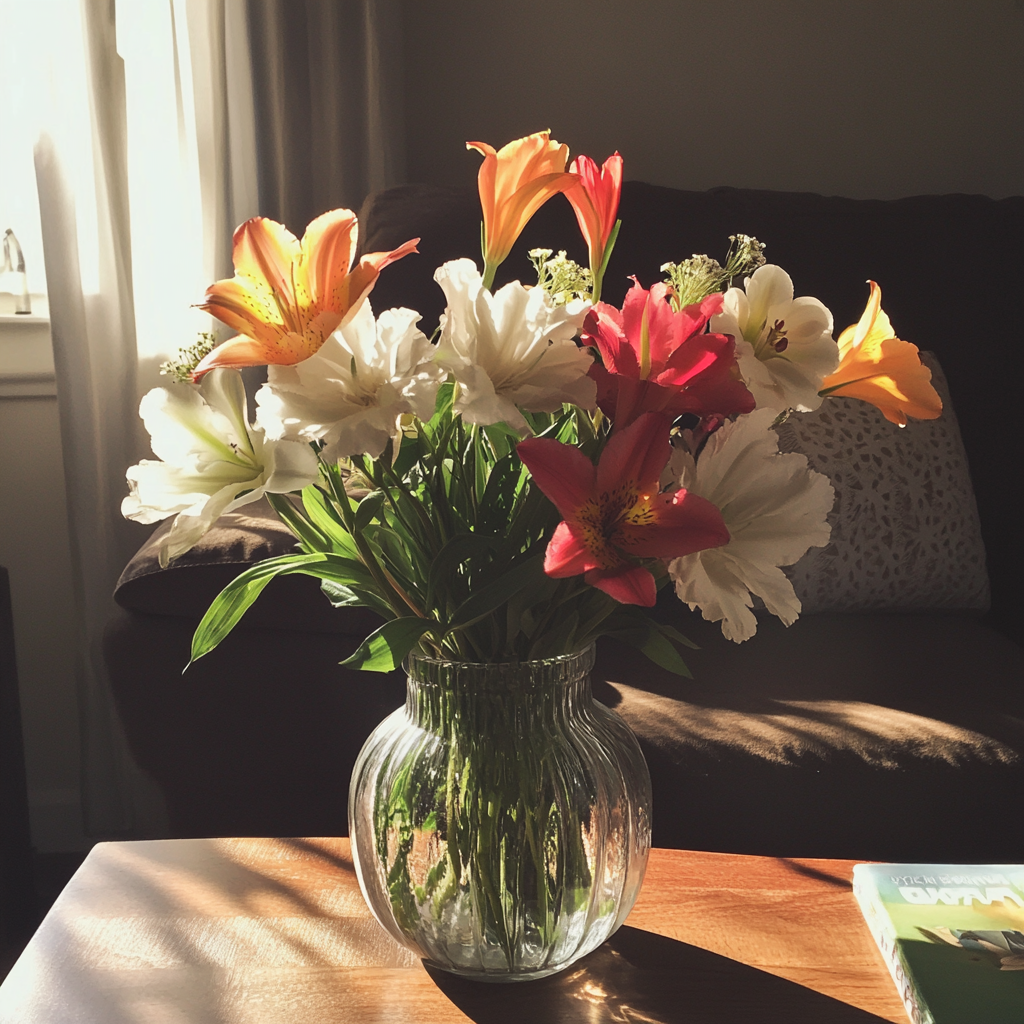 Eine Vase mit Blumen auf einem Couchtisch | Quelle: Midjourney