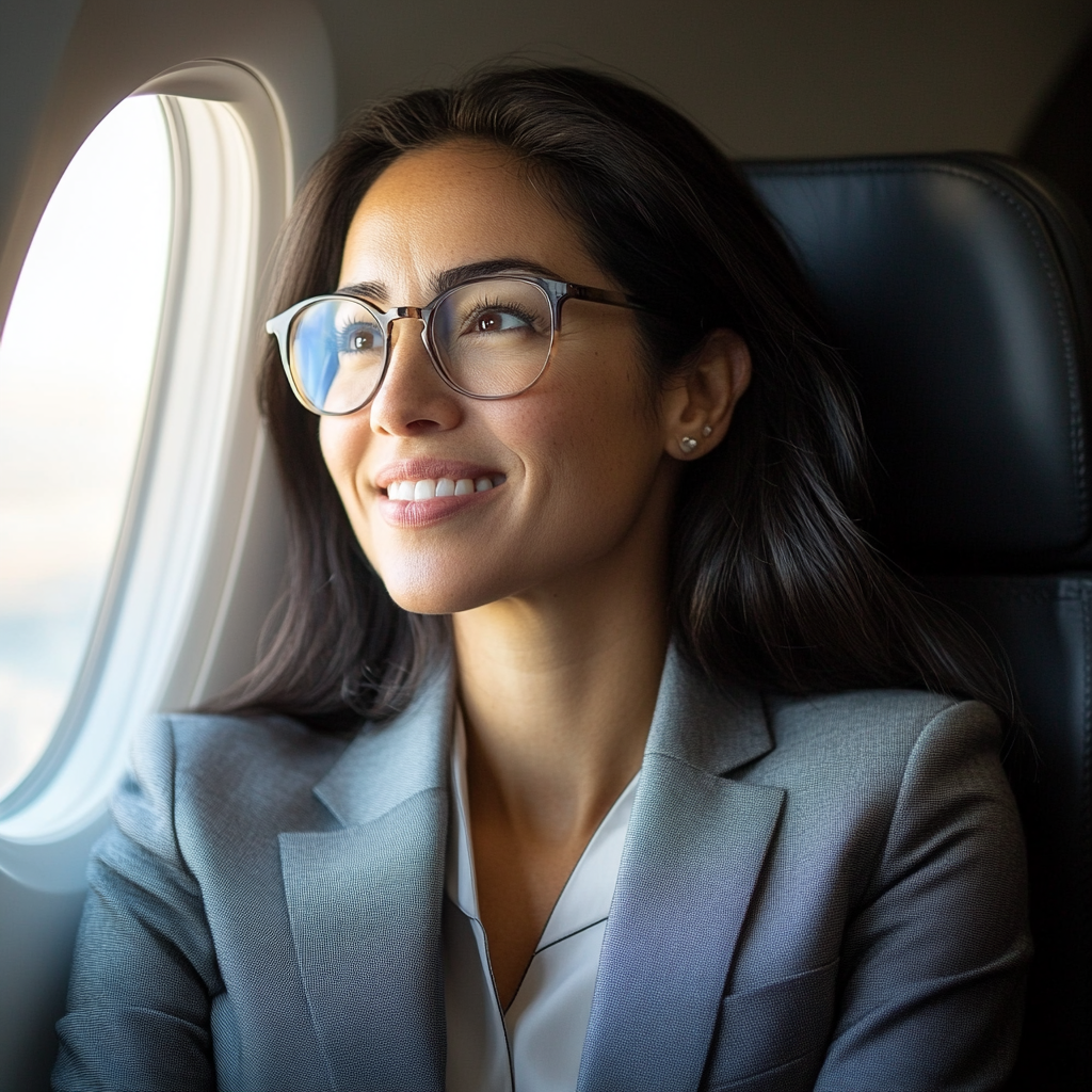 Die Frau sitzt am Fenster eines Flugzeugs, lächelt und ist erleichtert, dass sie auf dem Weg zu ihrem endgültigen Ziel ist | Quelle: Midjourney|