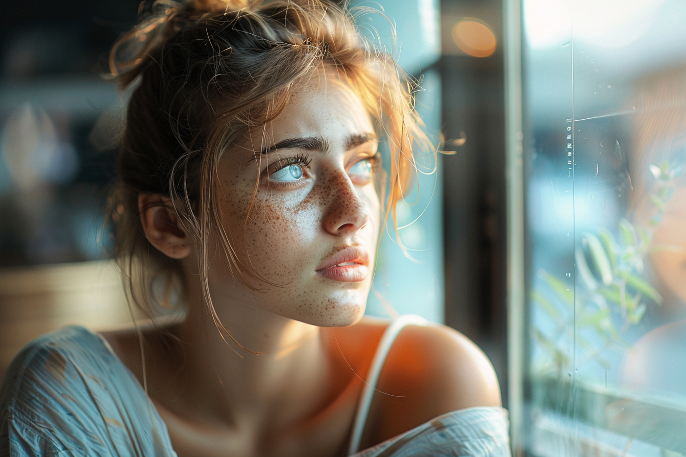 Eine Frau, die aus einem Fenster in einem Café schaut | Quelle: Midjourney