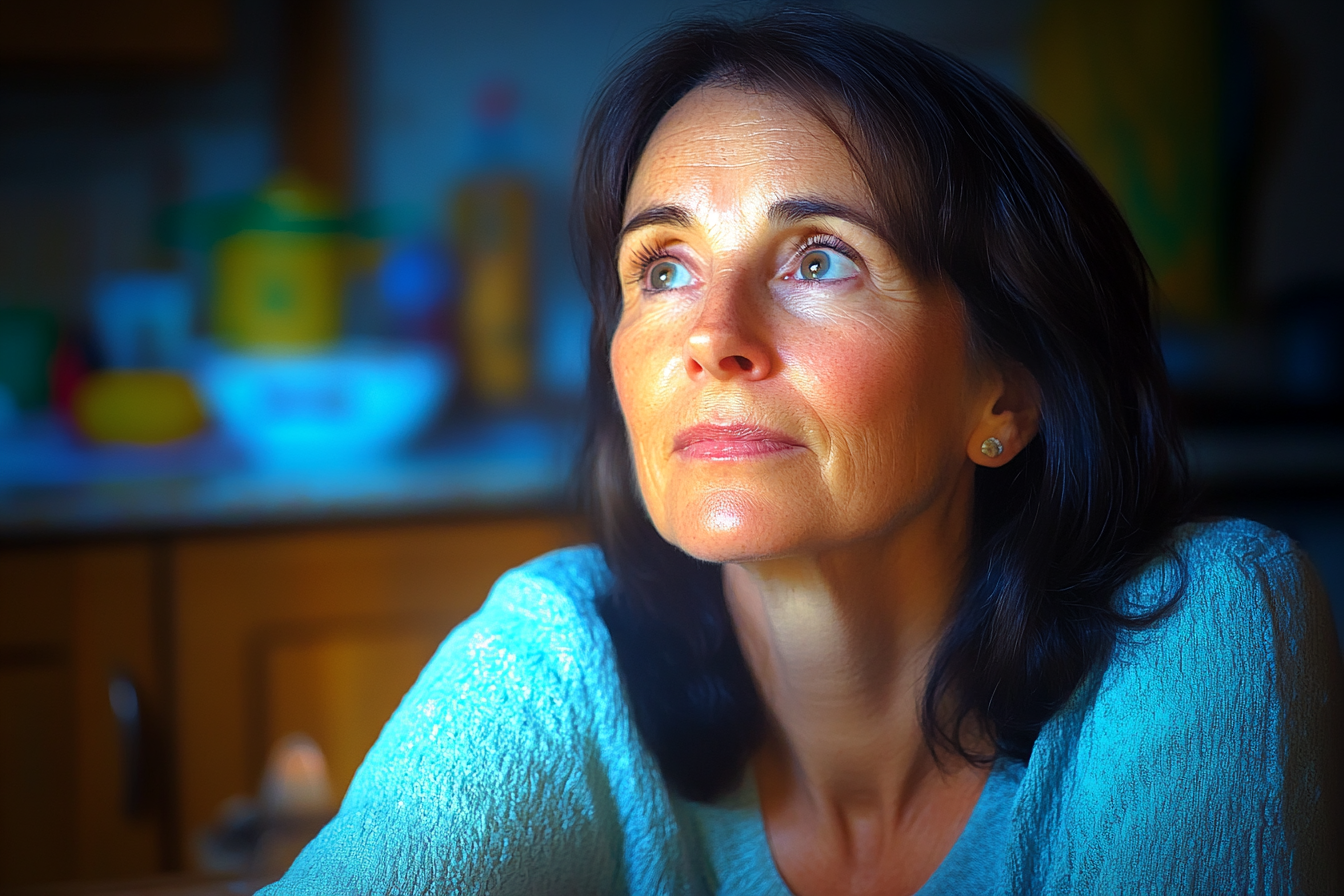 Eine Frau, die an einem Küchentisch sitzt | Quelle: Midjourney