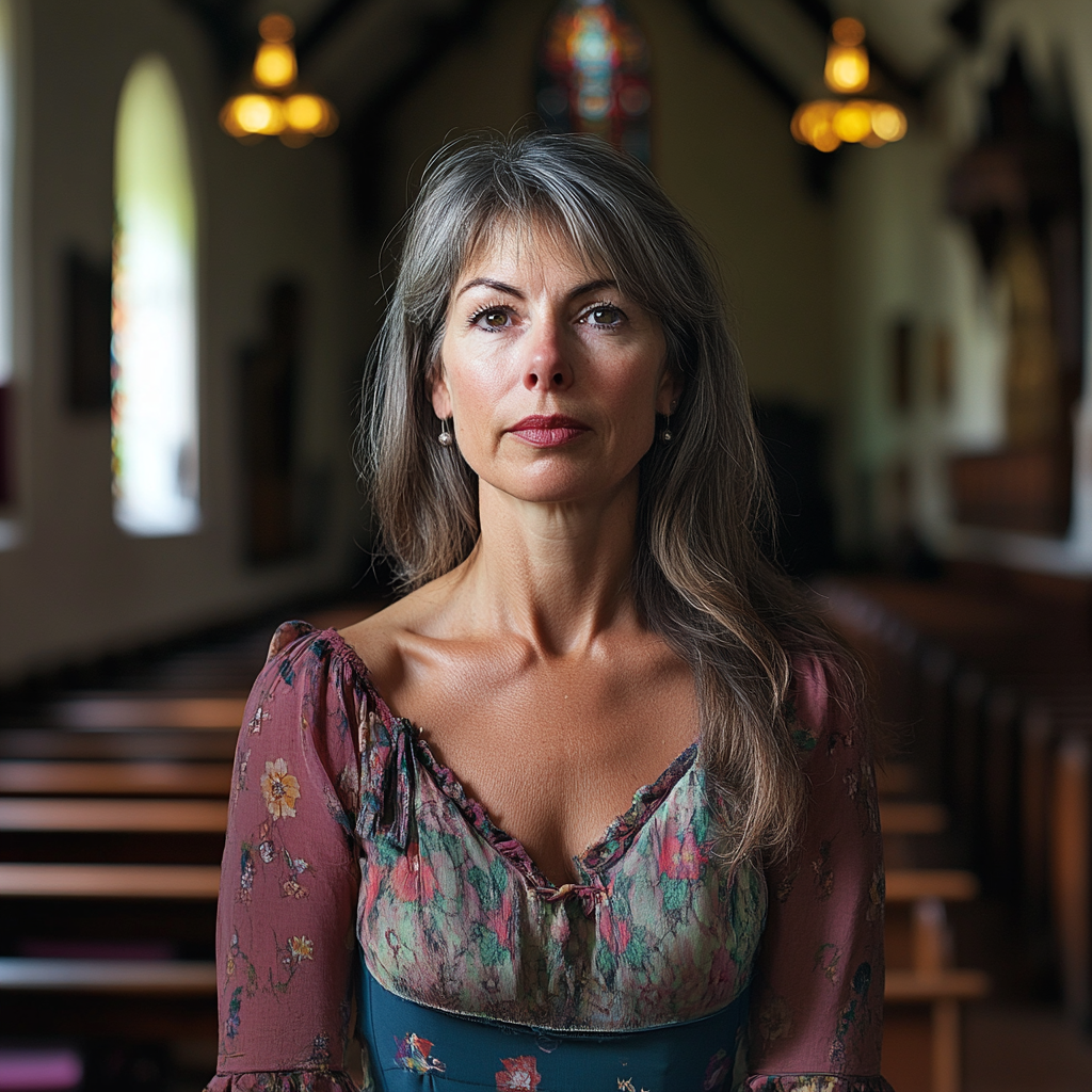 Eine Frau in einem Kleid in der Kirche | Quelle: Midjourney