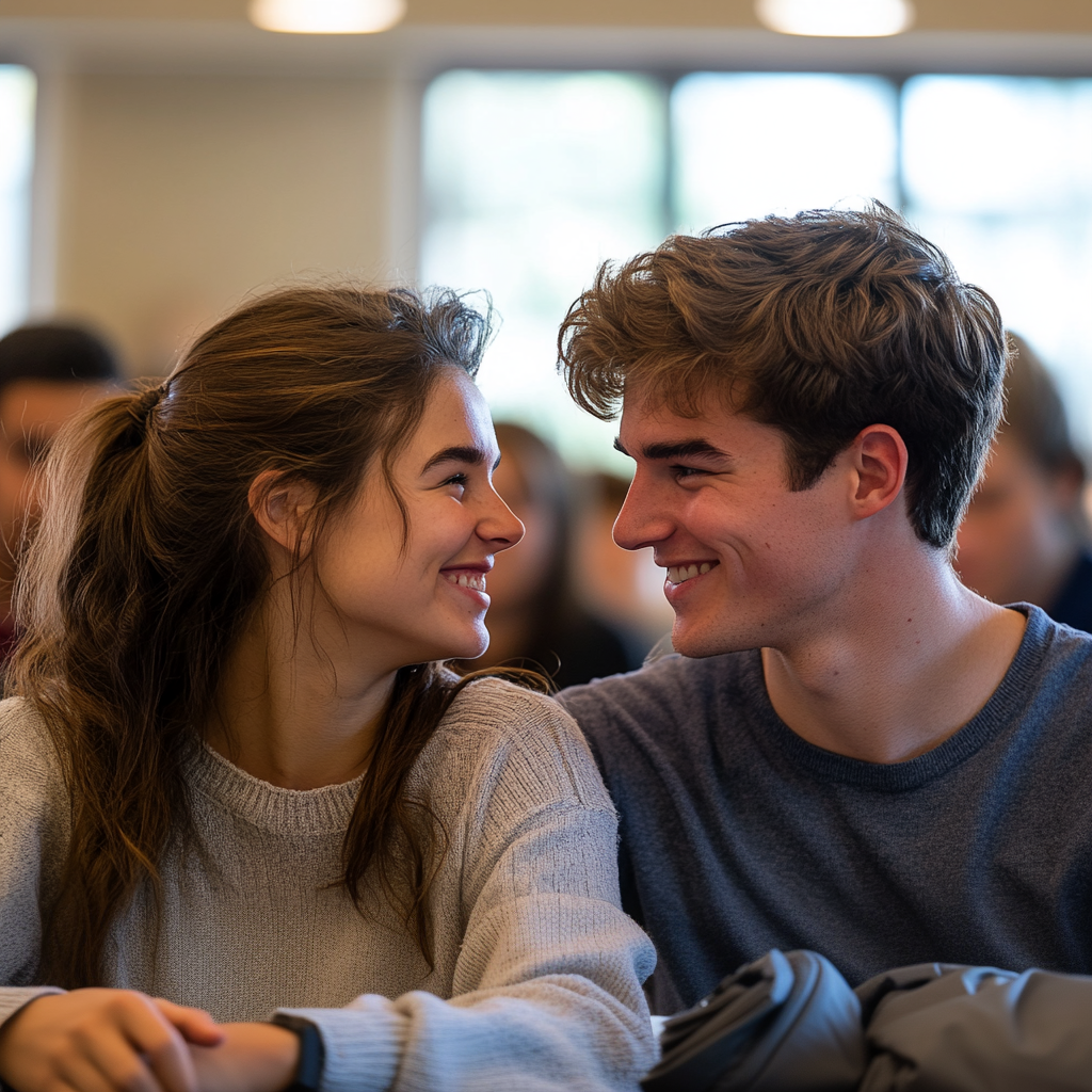 Eine junge Frau und ein Mann schauen sich an, während sie in einem Klassenzimmer sitzen | Quelle: Midjourney