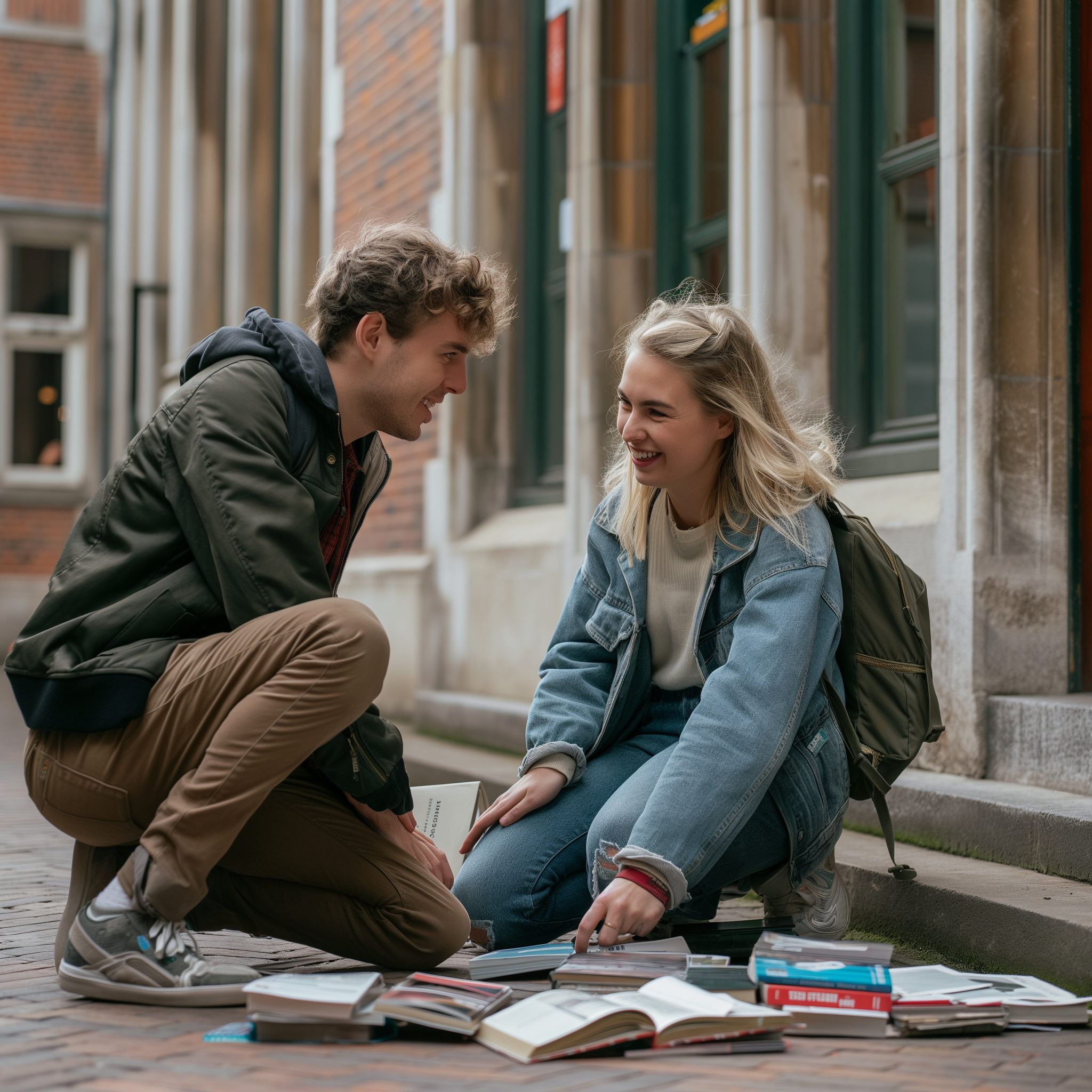 Eine Frau stößt auf einem College-Campus mit einem Mann zusammen und um sie herum sind Bücher verstreut | Quelle: Midjourney