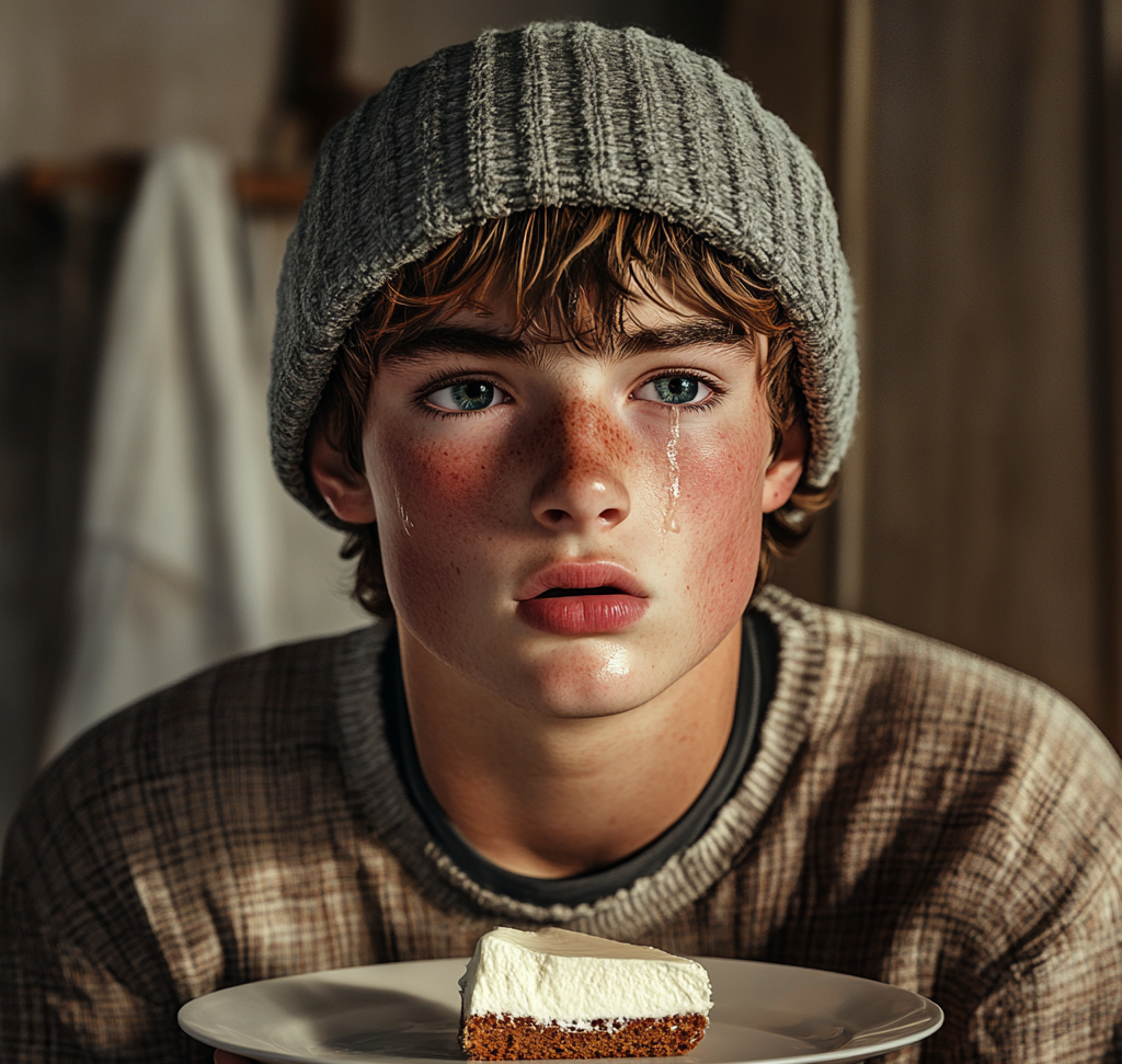 Ein emotionaler Teenager, der einen Teller mit einem Stück Kuchen hält | Quelle: Midjourney