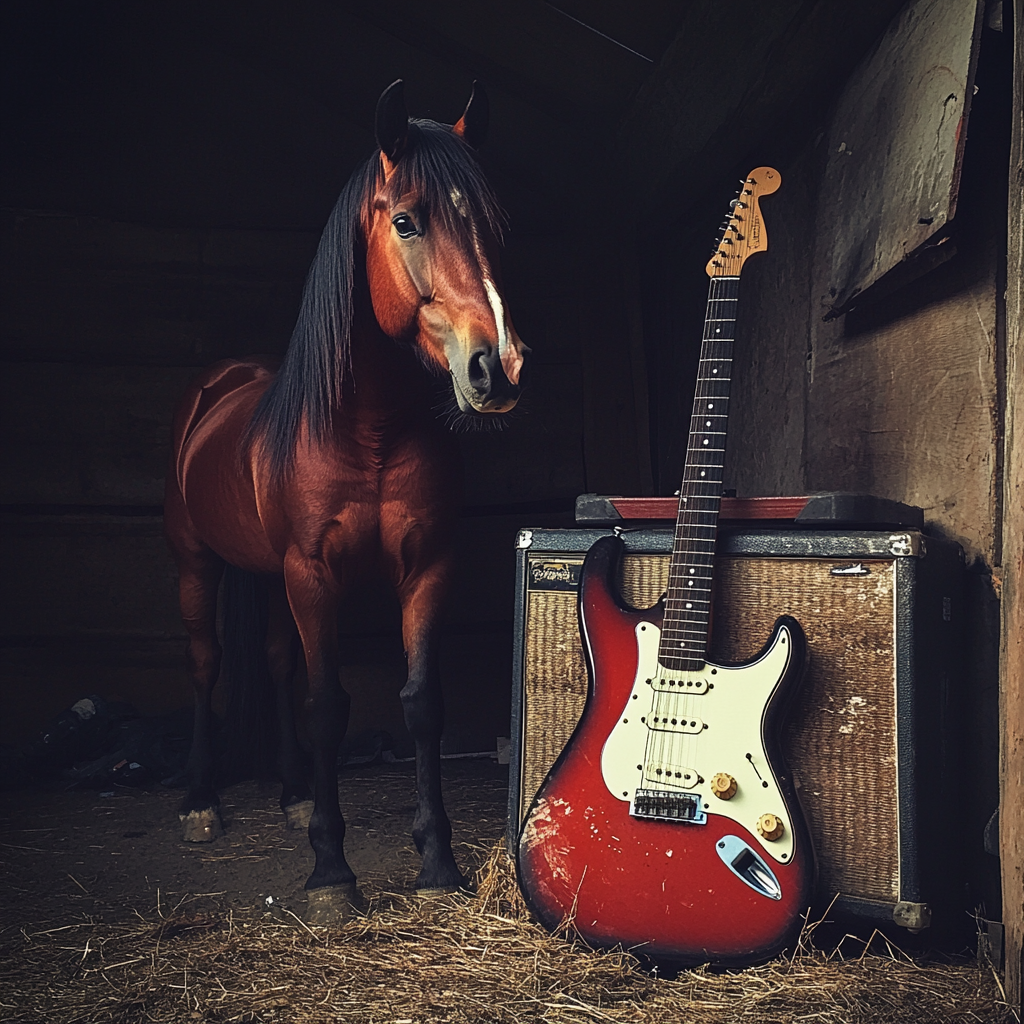 Ein Pferd, das neben einer Gitarre steht | Quelle: Midjourney