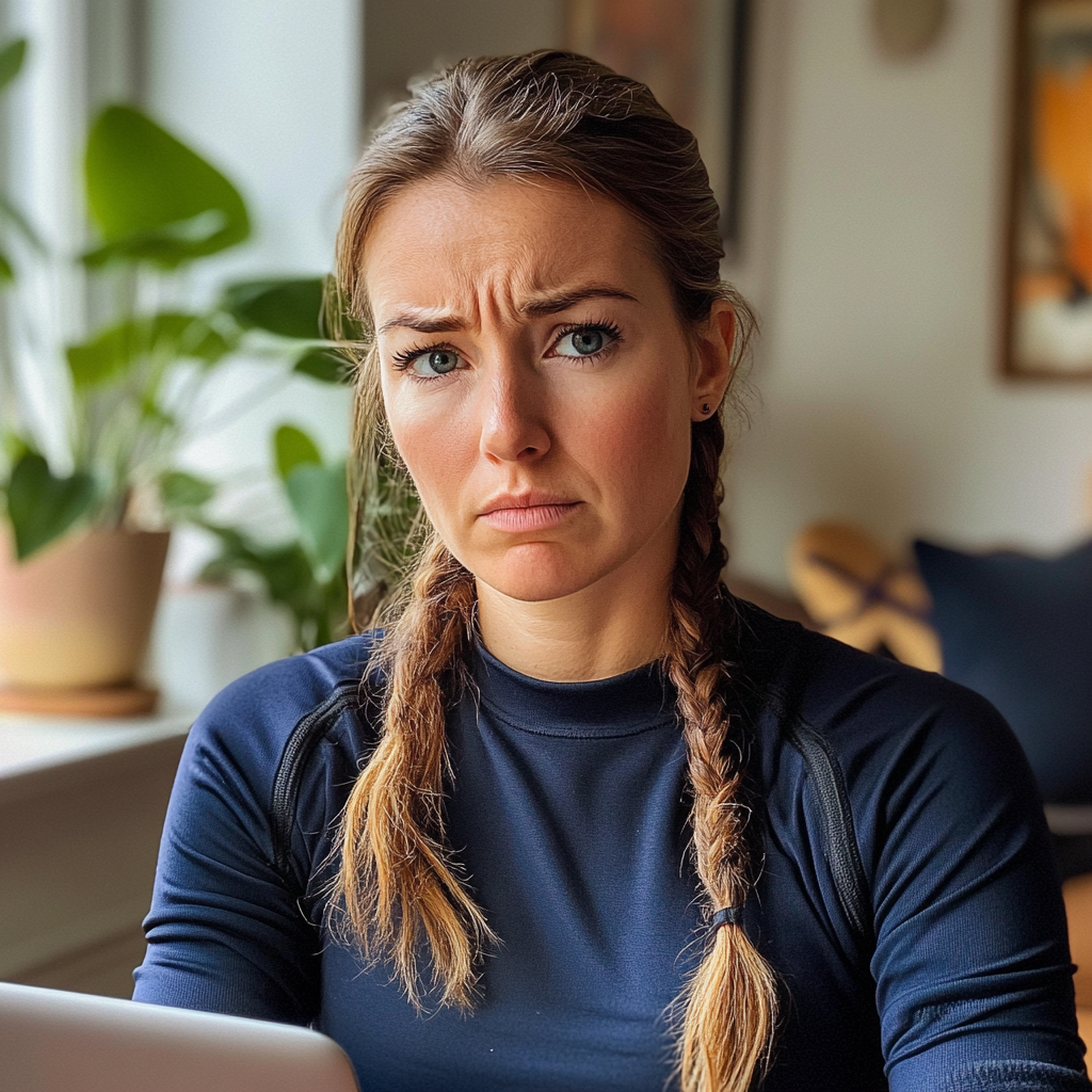 Eine verärgerte Frau sitzt vor einem Laptop | Quelle: Midjourney