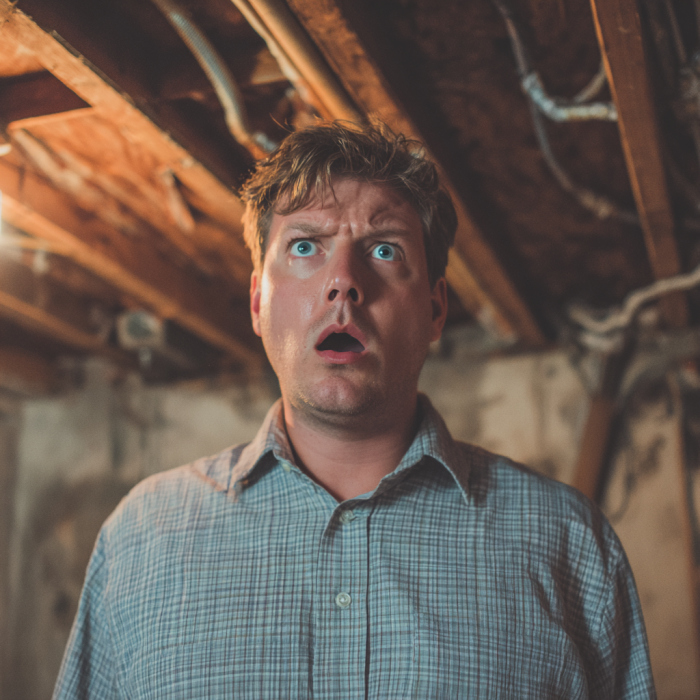 Ein geschockter Mann steht im Keller eines Hauses | Quelle: Midjourney