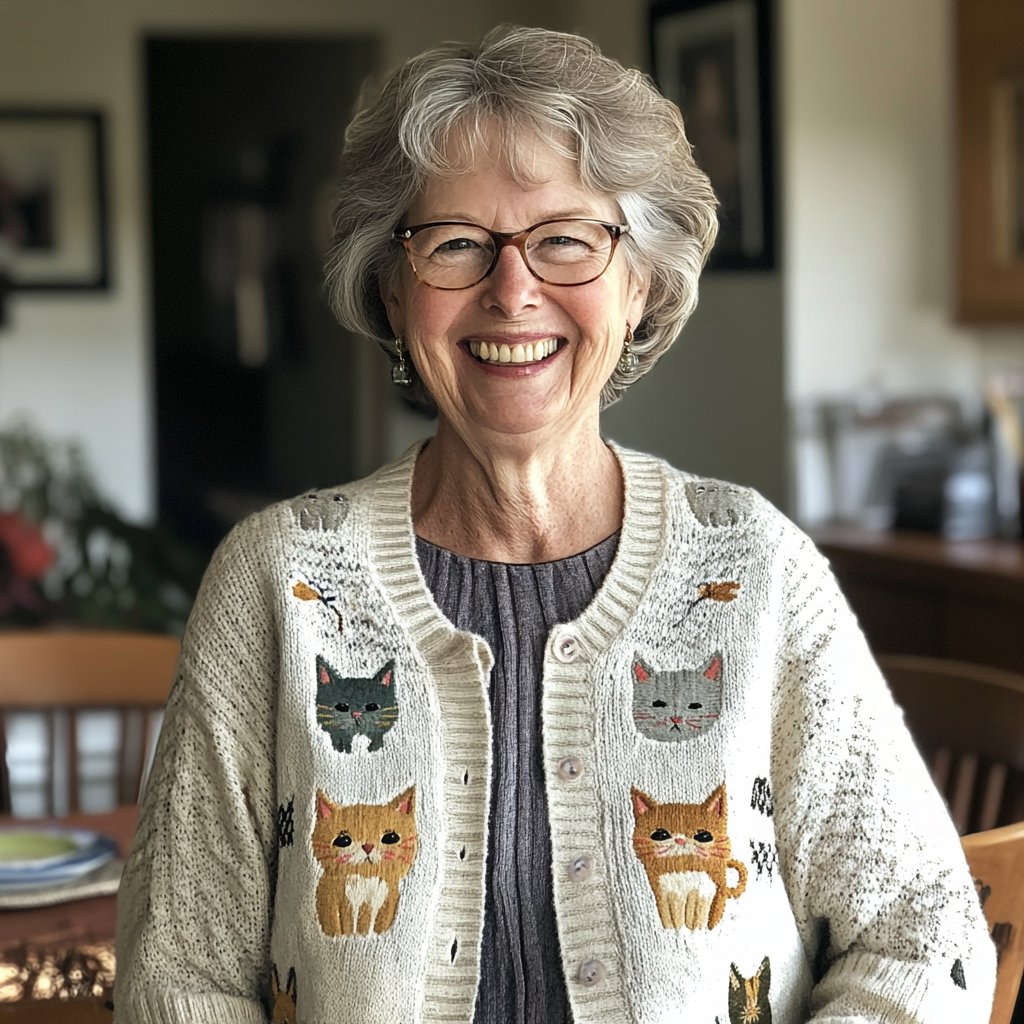 Eine lächelnde ältere Frau in einer Katzen-Strickjacke | Quelle: Midjourney