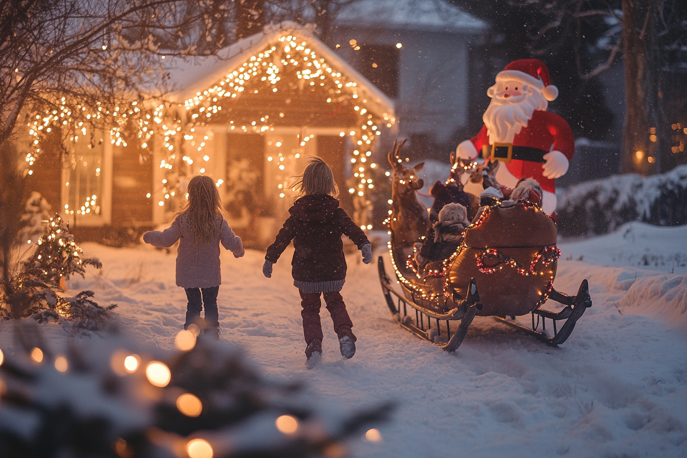 Kinder rennen in einem verschneiten Hof mit Weihnachtsdekoration | Quelle: Midjourney