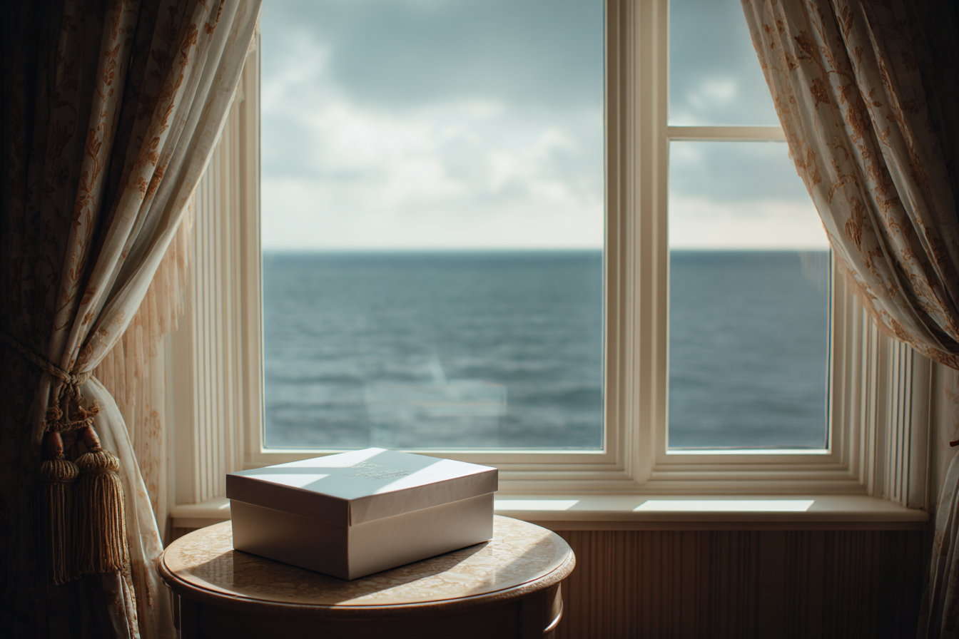 Eine Kiste auf einem Tisch in der Nähe eines Fensters | Quelle: Midjourney