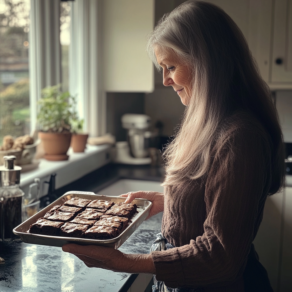 Eine ältere Frau mit einem Tablett voller Brownies | Quelle: Midjourney