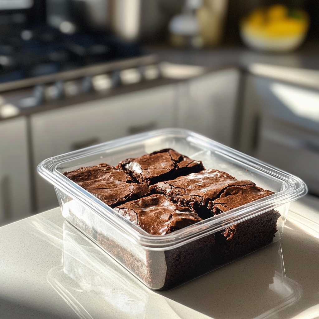Ein Behälter mit Schokoladenbrownies | Quelle: Midjourney