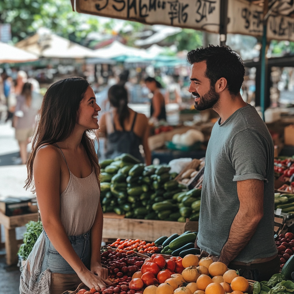 Pessoas conversando em um mercado de agricultores | Fonte: Midjourney