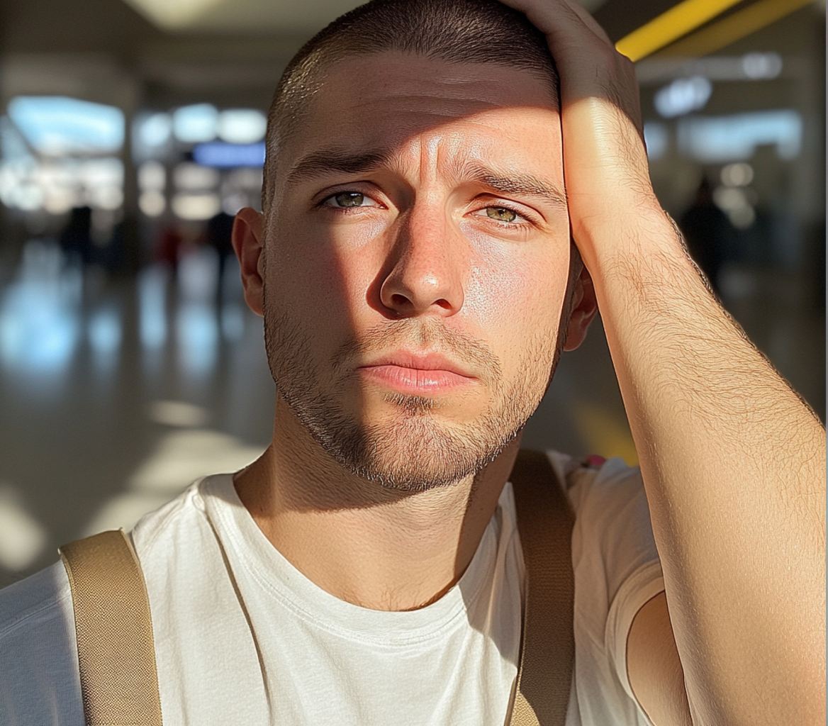 Eine Nahaufnahme eines Mannes, der seinen Kopf hält | Quelle: Midjourney