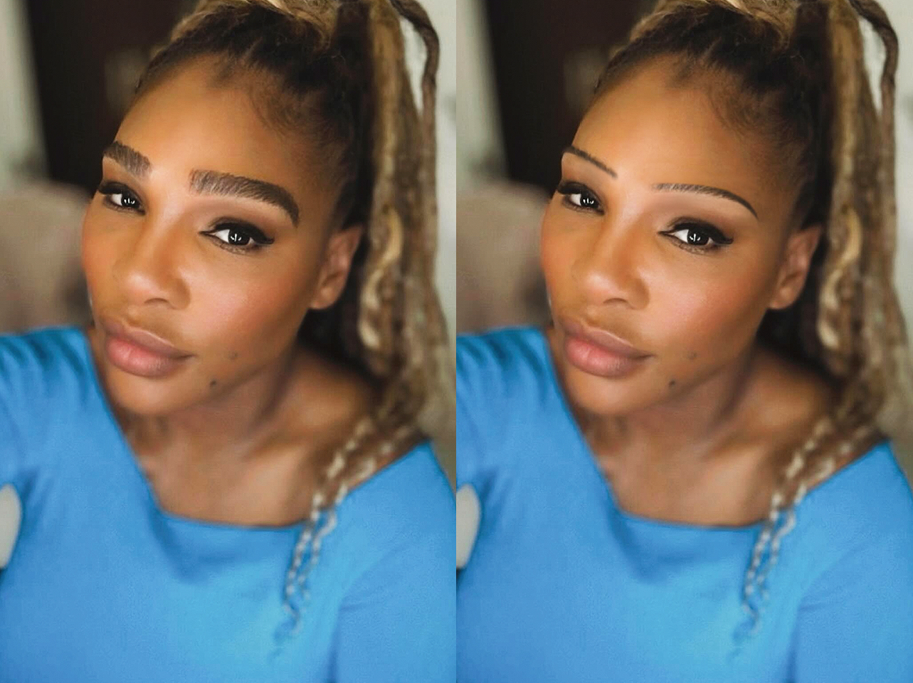 Serena Williams Augenbrauen aus dem Jahr 2024 im Vergleich zu einem digital bearbeiteten Look mit dünnen Brauen | Quelle: Instagram/serenawilliams