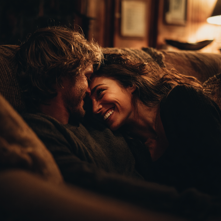 Ein lachendes Paar auf einer Couch | Quelle: Midjourney