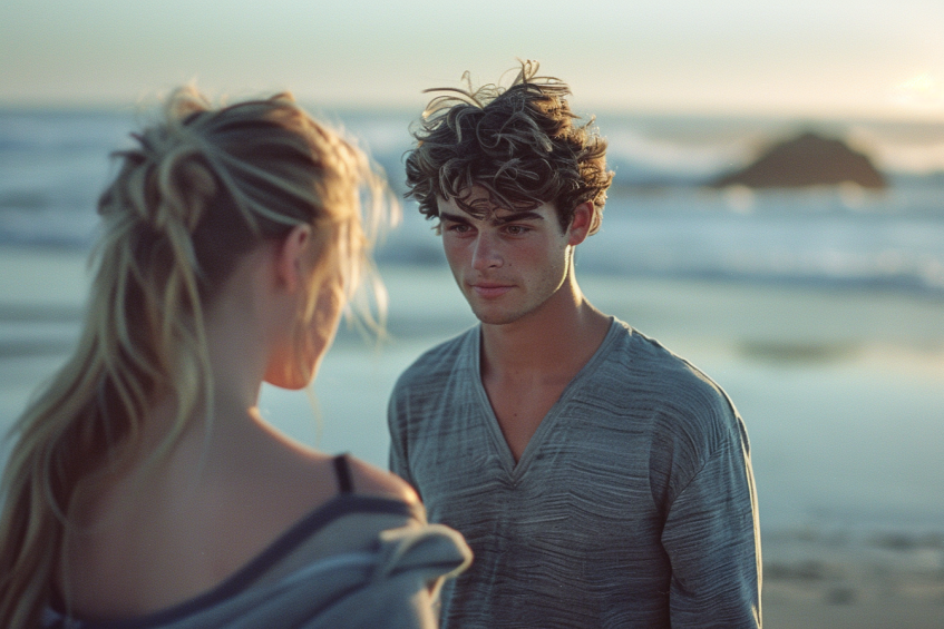 Ein Mann im Gespräch mit einer Frau am Strand | Quelle: Midjourney