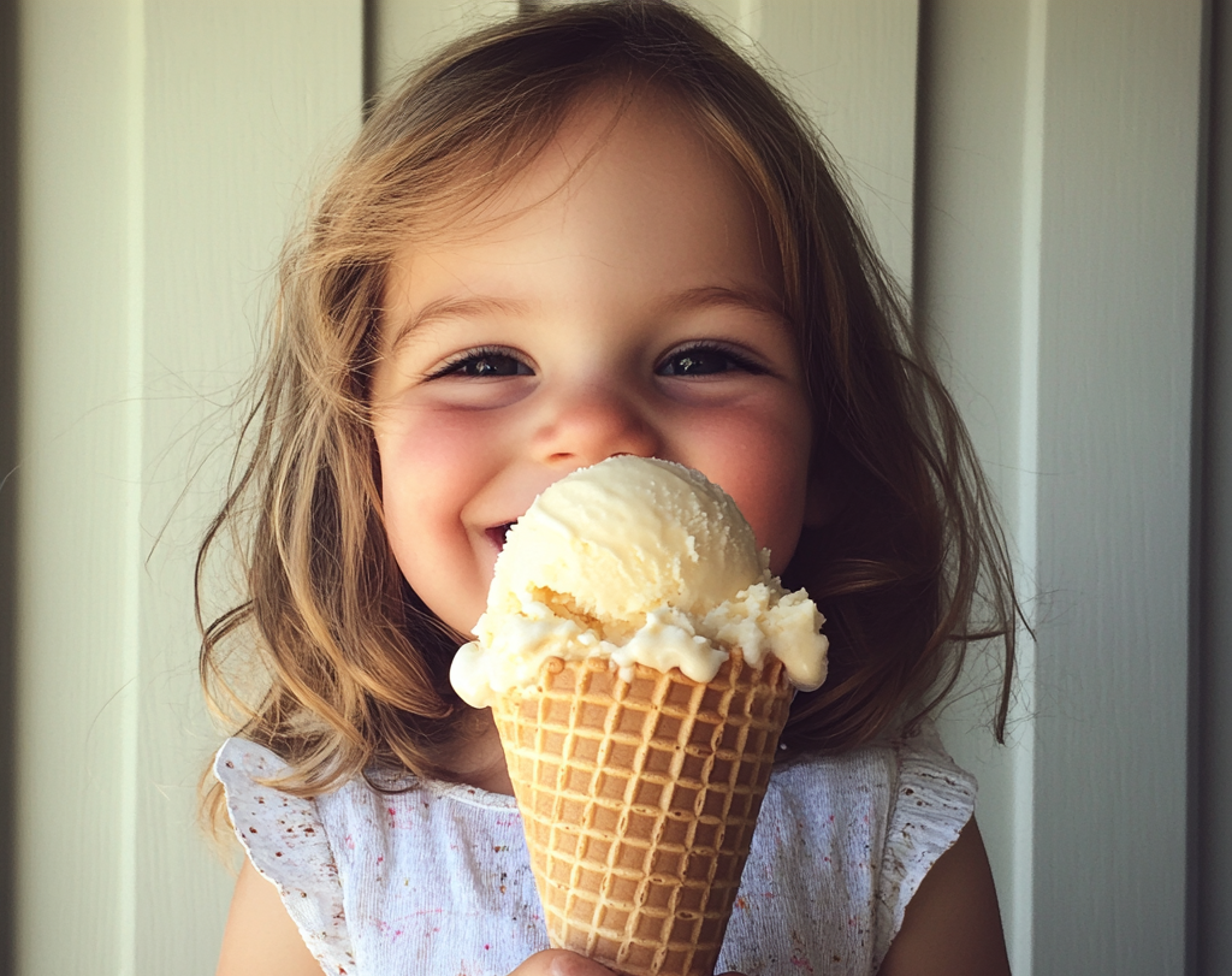 Ein kleines Mädchen mit einer Eiswaffel in der Hand | Quelle: Midjourney