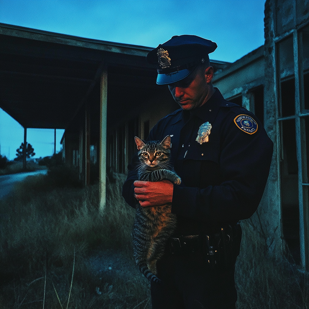 Ein Polizist hält eine Katze | Quelle: Midjourney