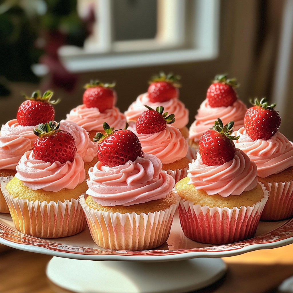 Eine Platte mit Erdbeer-Cupcakes | Quelle: Midjourney
