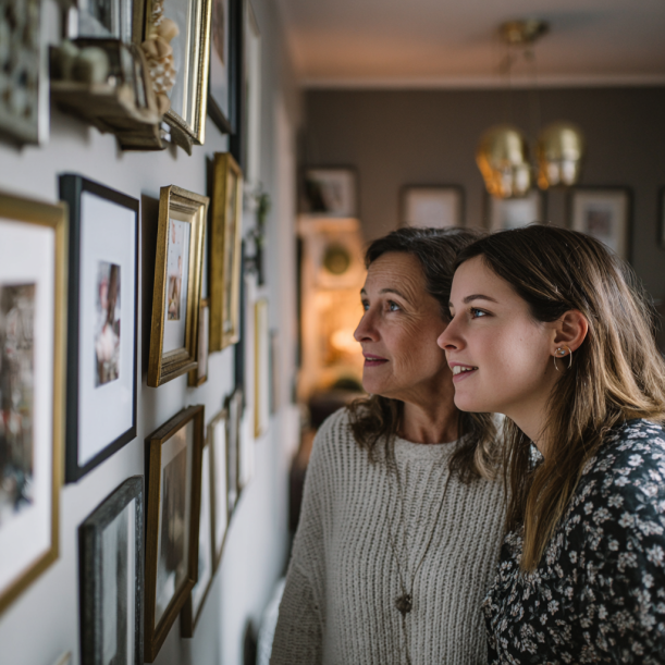 Zwei Frauen schauen sich gerahmte Bilder an | Quelle: Midjourney