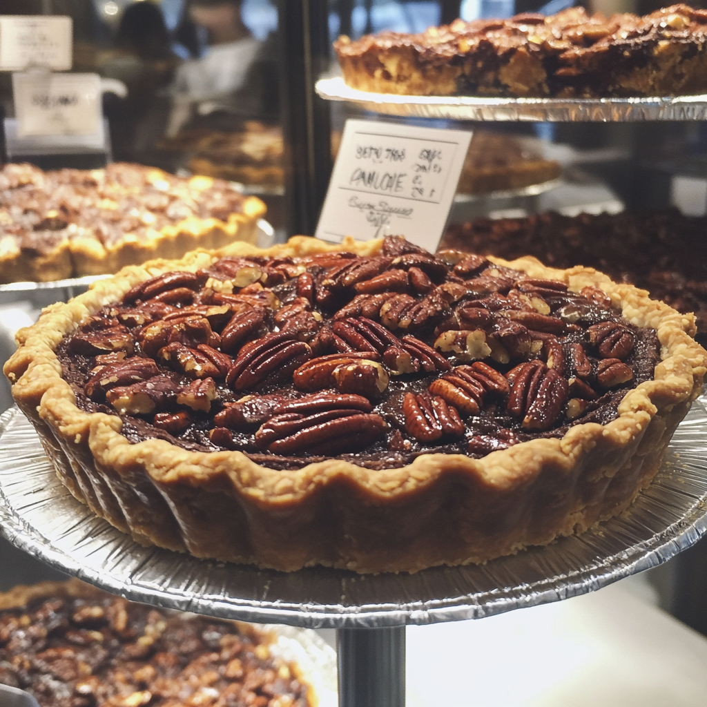 Ein Schokoladen-Pekannusskuchen in einer Bäckereiauslage | Quelle: Midjourney