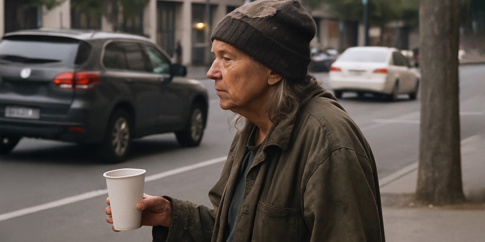 Eine obdachlose Frau. | Quelle: Sora