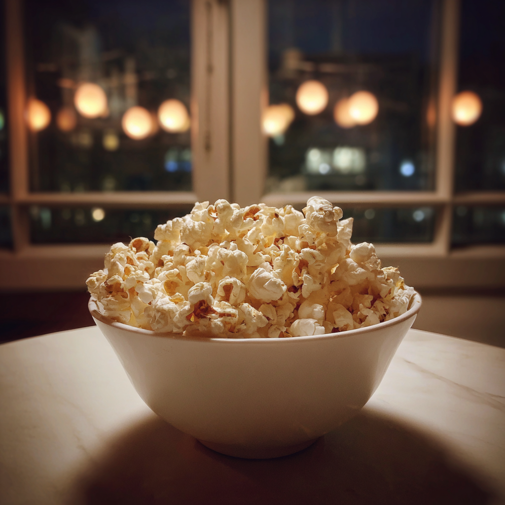 Eine Schüssel Popcorn auf einem Couchtisch | Quelle: Midjourney