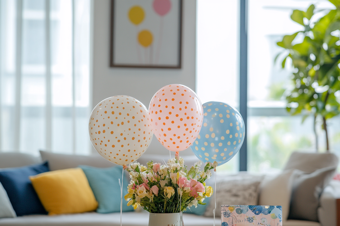 Luftballons und Blumen in einem Wohnzimmer | Quelle: Midjourney