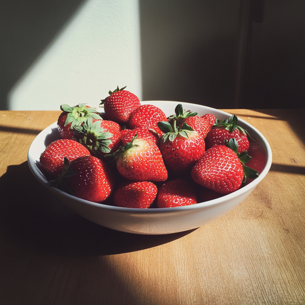 Eine Schale mit Erdbeeren auf einem Tisch | Quelle: Midjourney