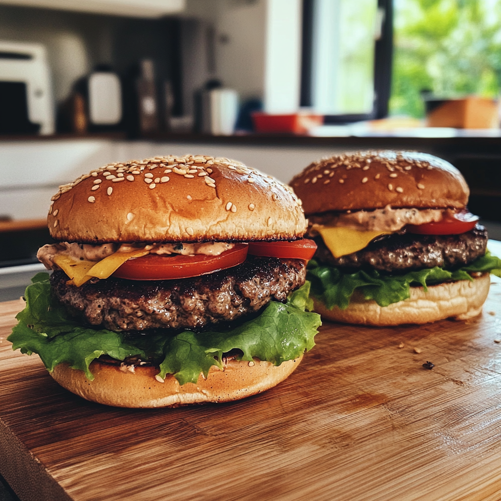 Selbstgemachte Burger auf einem Holzbrett | Quelle: Midjourney