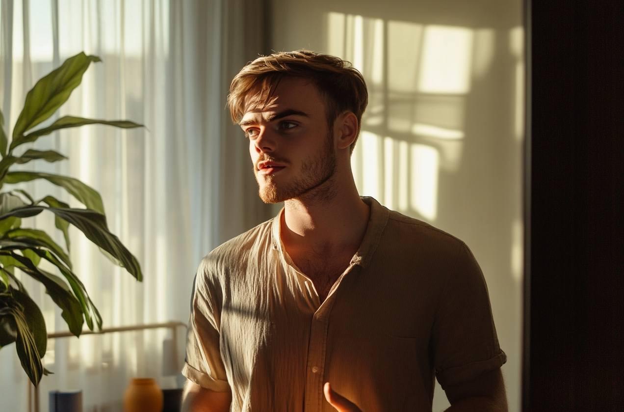 Ein Mann in seinem Wohnzimmer | Quelle: Midjourney