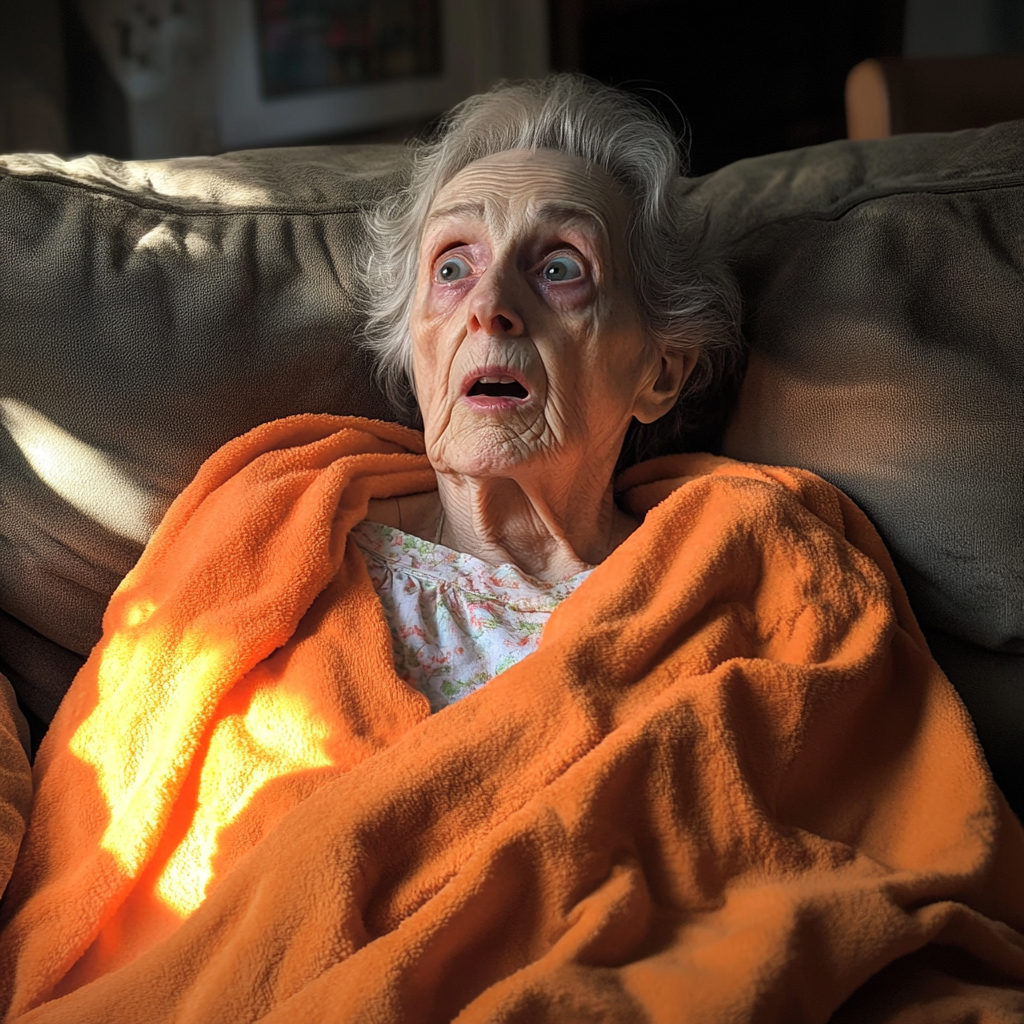 Eine überraschte alte Frau, eingewickelt in eine orangefarbene Decke | Quelle: Midjourney