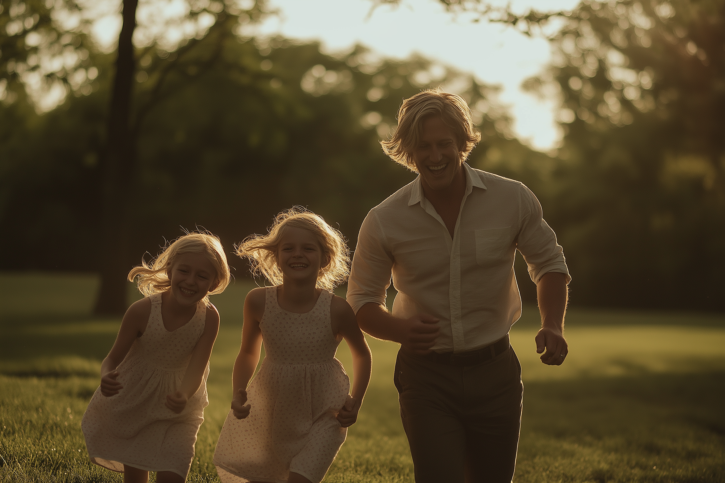 Ein glücklicher blonder Mann in den 30ern, der mit seinen Zwillingstöchtern im Park läuft | Quelle: Midjourney