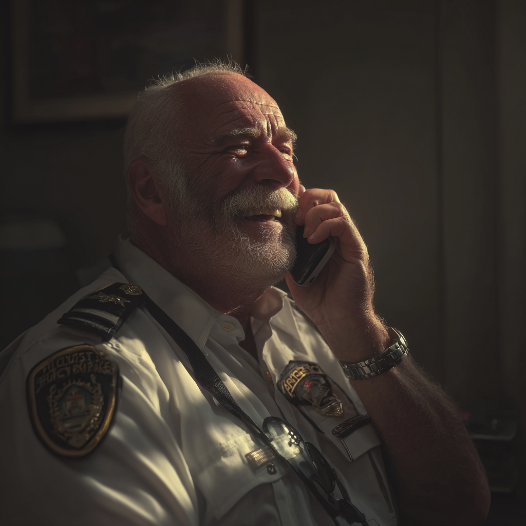Ein Polizeibeamter, der mit einem Telefon spricht | Quelle: Midjourney